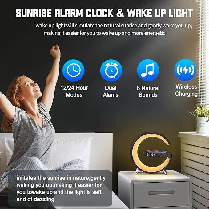 Smart LED Night Light, Wireless Charger, Phone Wireless Charging Dock, Table Bedside Lamp, Sunrise Alarm Clock, Bluetooth Speaker & App Control, Ideal for Bedroom, Home Decor, Birthday, Christmas Gift