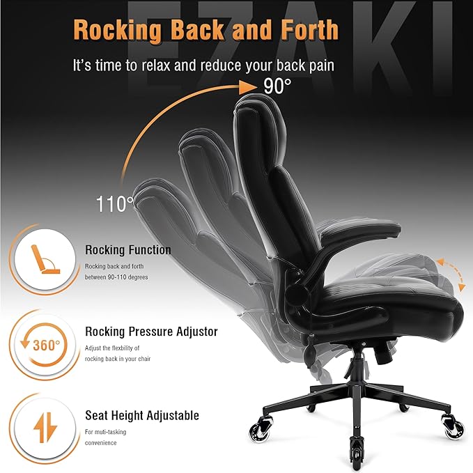 Large High Back Office Chair - Adjustable Lumbar Support, Flip Up Arms, Heavy Duty Metal Base, Breathable Bonded Leather, 2 Storage Bags, Black