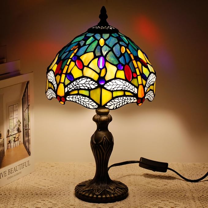 Small Tiffany Lamp Stained Glass Table Lamp Mini Desk Accent Light for Bedroom Bedside Reading Home Antique Style Decor 8X15 Inches (Blue Yellow)