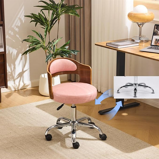 VINGLI Armless Home Office Desk Chair, Adjustable Swivel Chair,Dual-Use with/no Wheels,Small Retro Designed Walnut Curved Task Chair,Cushioned Nail Tech Chair for Study Area,Workspace,PU,Pink