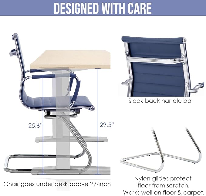 Wahson Office Guest Chairs Set of 10, Leather Reception Chairs, Mid Back Waiting Room Chair, Conference Chairs with Sled Base, Desk Chair No Wheels for Meeting/Lobby/Restroom, Navy Blue