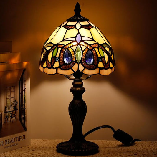 Small Tiffany Lamp Stained Glass Table Lamp Mini Desk Accent Light for Bedroom Bedside Reading Home Antique Style Decor 8X15 Inches (Serenity Victorian)