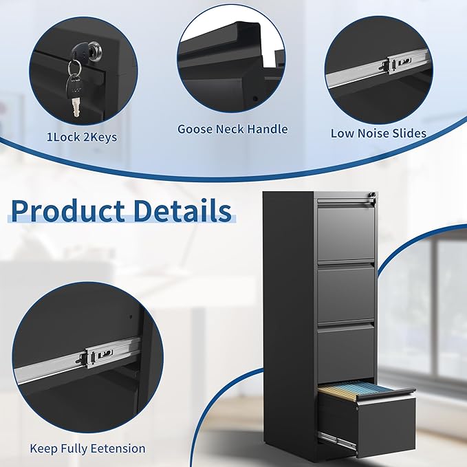 4-Drawer Locking Vertical File Cabinet, Metal Storage Cabinet for Office/Home – Secure Vertical Filing for Letter/Legal/A4/F4 Documents, Easy to Assemble Steel Cabinet (Black, 4 Drawer-52 H)