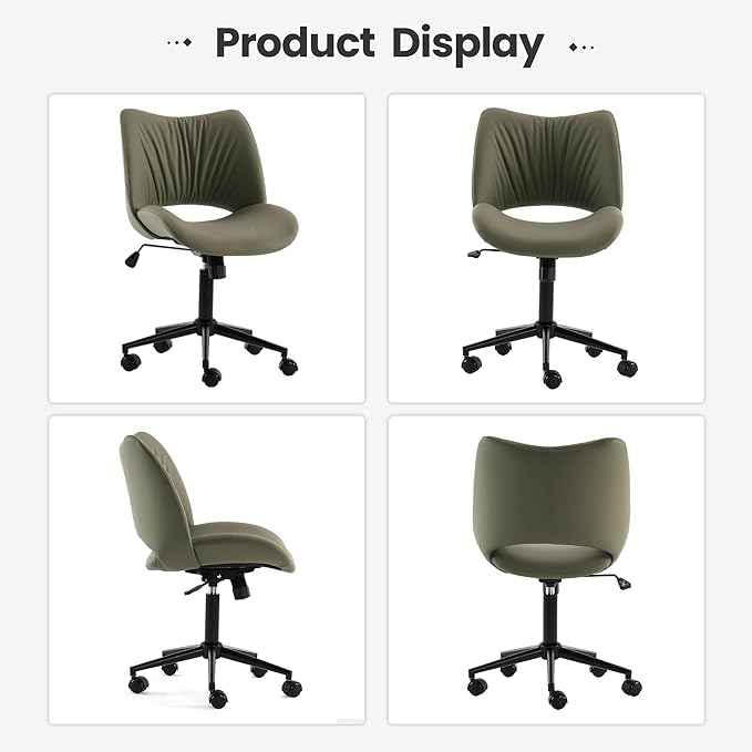 Rowill Armless Office Desk Chair, Ergonomic PU Leather Modern Task Chair with Back Adjustable Height, 360° Swivel Vanity Chairs with Wheels for Small Space, Home Office, Bedroom, Olive Green
