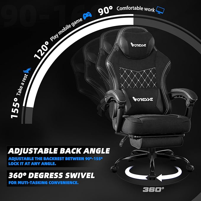 Vonesse Gaming Chair, Computer Chair Fabric with Pocket Spring Cushion, Office Chair with Footrest and Massage Lumbar Support, Reclining Gaming Chairs for Adults 250LBS (Black)