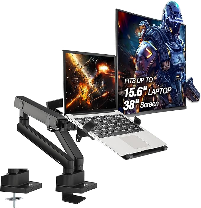 AVLT Laptop and Monitor Arm - Mount 15.6" Notebook and 38" Monitor on 2 Full Motion Adjustable Arms - Organize Your Work Surface with Ergonomic VESA Monitor Mount