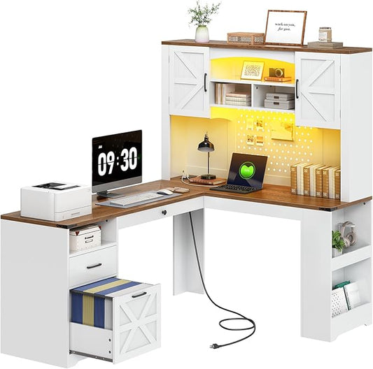 67'' Farmhouse L-Shaped Desk with Hutch, Wooden Executive Desk with File Drawer and Power Outlet, Corner Computer Desk with LED Lights, Storage Shelves, Keyboard Tray, White and Walnut