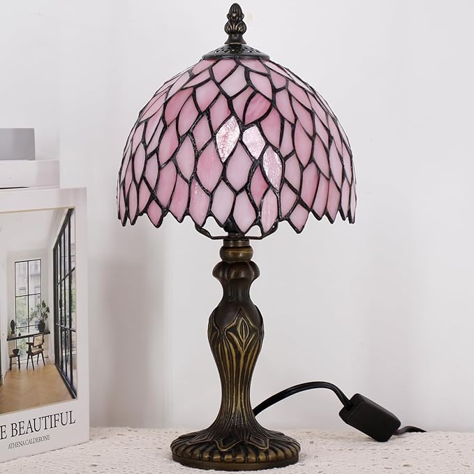 Small Tiffany Lamp Stained Glass Table Lamp Mini Desk Accent Light for Bedroom Bedside Reading Home Antique Style Decor 8X15 Inches (Pink Wisteria)