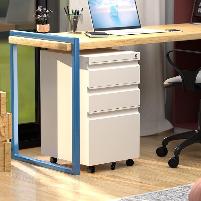 3 Drawer Metal Rolling File Cabinet with Lock, Under Desk Mobile Filing Storage Cabinet for Home Office School, Fully Assembled Except Wheels, White