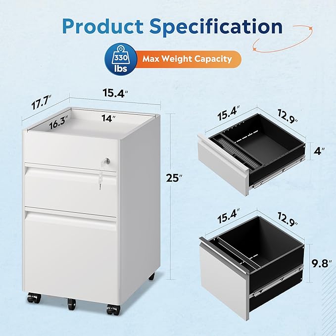 DEVAISE 2 Drawer Mobile File Cabinet, White Filing Cabinet with Lock, Under Desk Metal Filing Cabinets for Home Office, 17.7" D x 15.4" W x 25" H
