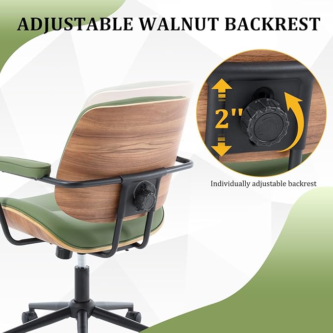 BV Mid Century Modern Office Chair Set of 1, Swivel Rolling Deak Chair with Armrests and Walnut Back, Adjustable Desk Chair for Home Office, Green