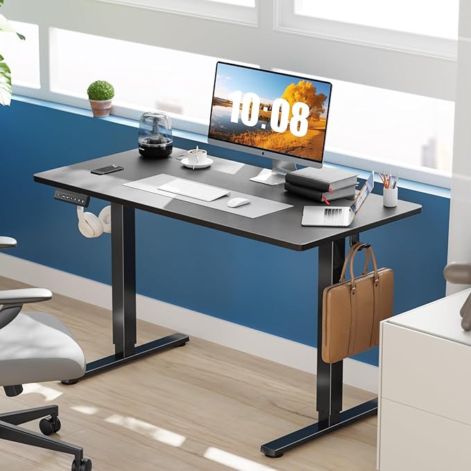 Sweetcrispy Electric Standing Desk Adjustable Height, 48x24 Inch Sit Stand Up Home Office Desks Computer Workstation PC Work Table with 3 Memory Preset Splice Wood Board Metal Frame, Black