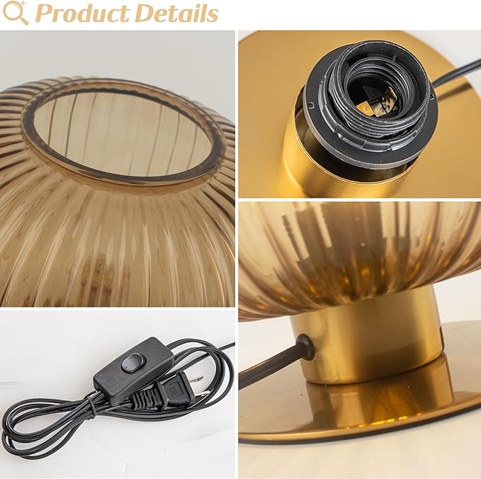 Ribbed Glass Table Lamp, Mid Century Modern Gold Bedside Lamp Brass Desk Lamp for Bedroom Nightstand Living Room Study Office (7.9-inch Smoke Gray)