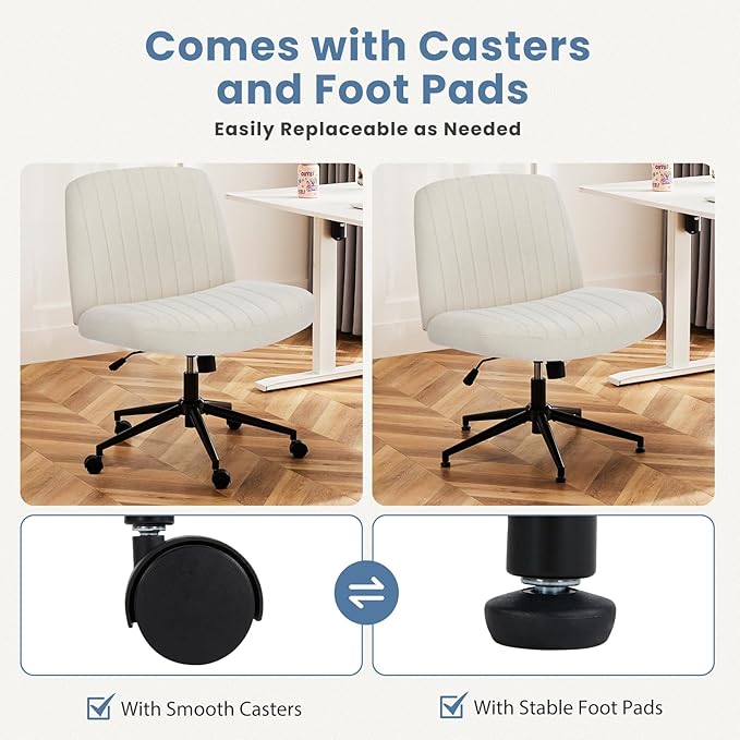 DUMOS Criss Cross Chair with Wheels, Wide Cross Legged Office Desk Vanity Chairs, Fabric Armless Adjustable Swivel Chairs for Home Computer Task, Beige