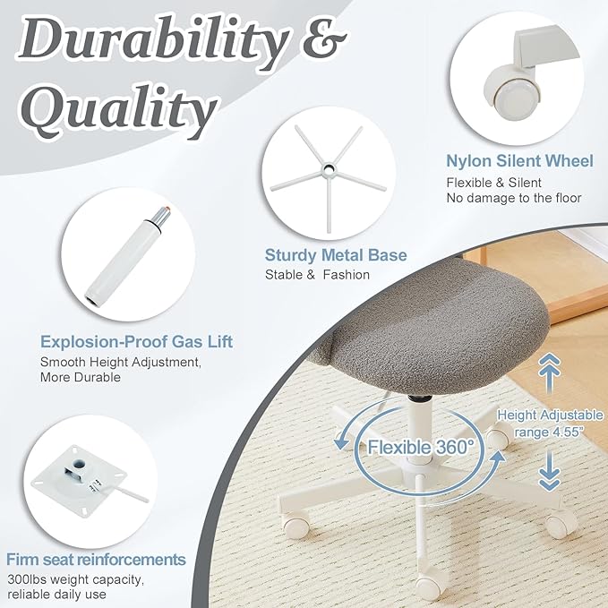 VINGLI Candy Chair Armless Cute Desk Chair,Comfy Small Office Chair with Wheels,Vanity Chair with Lumbar Support,Teddy Adjustable Rolling Swivel Computer Task Chair for Home Office,Bedroom,Muted Grey