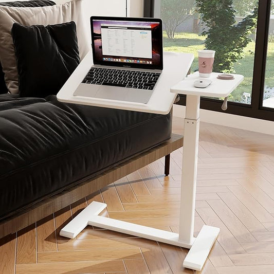 PUNCIA Height Adjustable Overbed Table with Pneumatic Lift and Wheels Split Top Tilting Tray and Rolling Laptop Desk – Bedside Cart for Reading Computer Work Study in Bedroom and Home Office