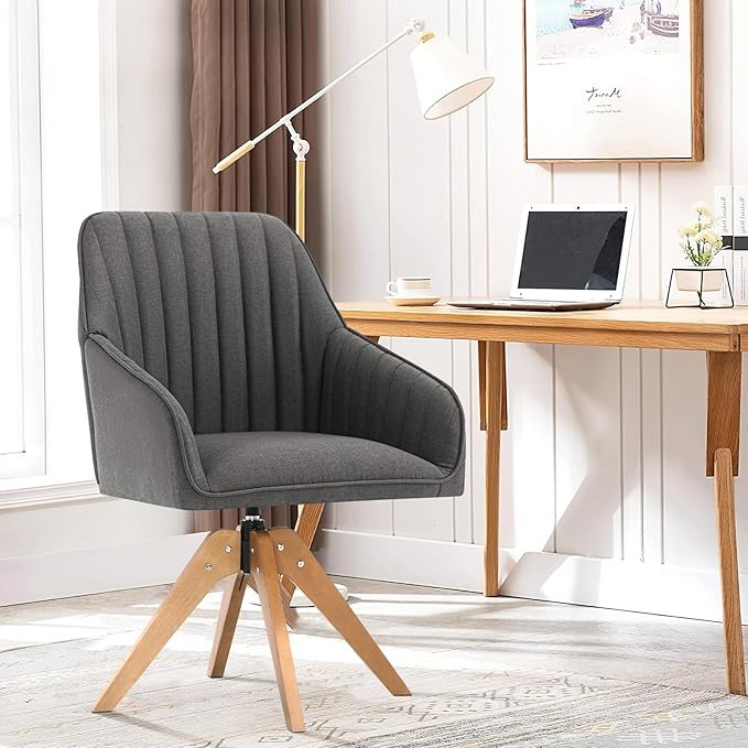 Furniliving Mid Century Modern Accent Chair Set of 2, 36.8 Inch Upholstered Swivel Chair for Living Room with Arms Home Office Desk Chair for Bedroom Wood Legs Computer Task Chair No Wheels, Darkgrey