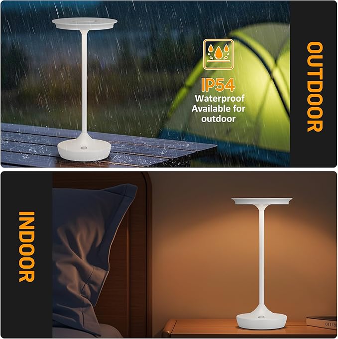 LED Rechargeable Cordless Table Lamps, Portable Outdoor Battery Operated Table Light 3 Color Stepless Dimming Table Lamp with Memory Function for Patio Restaurant Dining Room White