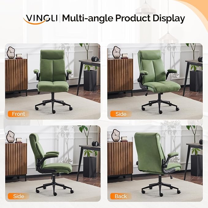 VINGLI Rolling Ergonomic Office Desk Chair with Padded Flip-up Arms, 360° Swivel High Back Executive Computer Task Chair with Wheels for Game,Home Small Space, Study Room, Reading Room,Pu Green