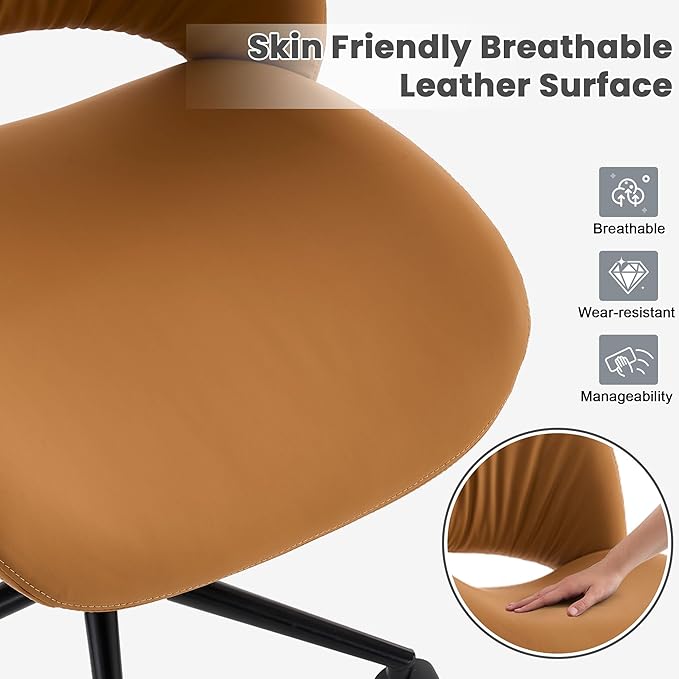 Rowill Armless Office Desk Chair, Ergonomic PU Leather Modern Task Chair with Back Adjustable Height, 360° Swivel Vanity Chairs with Wheels for Small Space, Home Office, Bedroom, Mustard Yellow