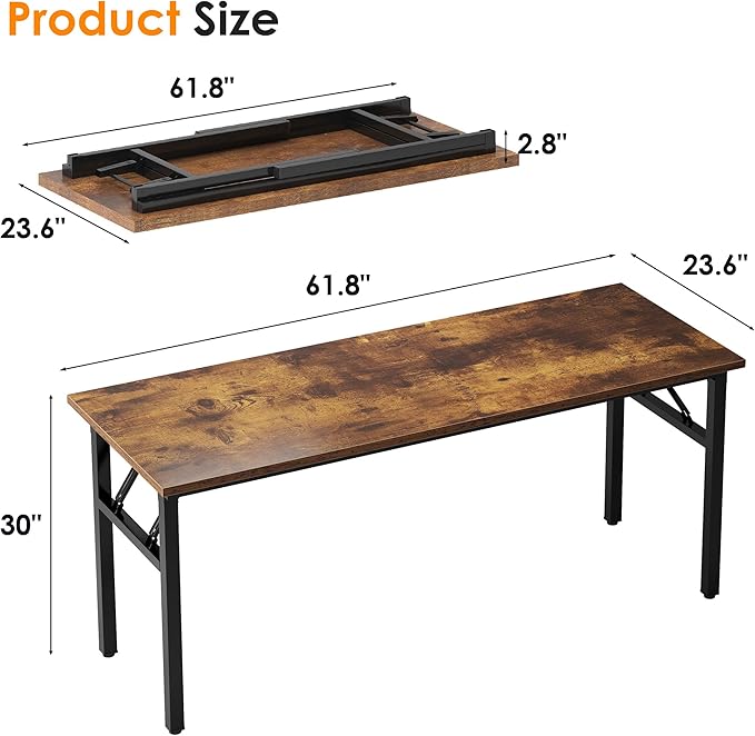 sogesfurniture Computer Desk 62 inches Office Desk Computer Table Study Writing Desk Workstation for Home Office Metal Frame Folding Table, Rustic Brown