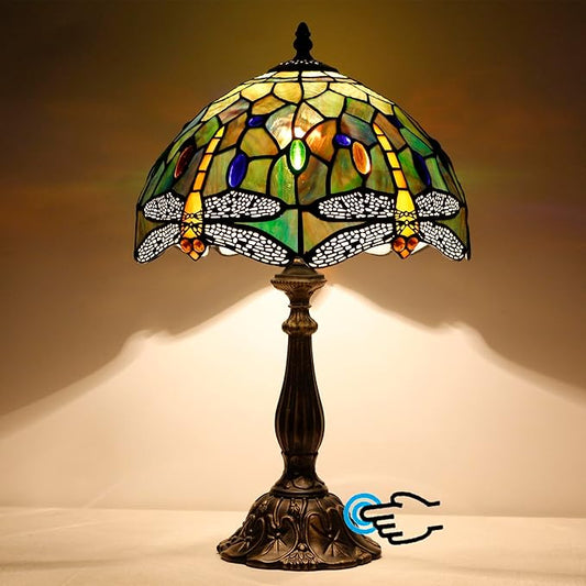 Tiffany Lamp Touch Control Table Lamp Brown Yellow Stained Glass Desk Lamp 12X12X19 Inches Dragonfly Style Reading Light