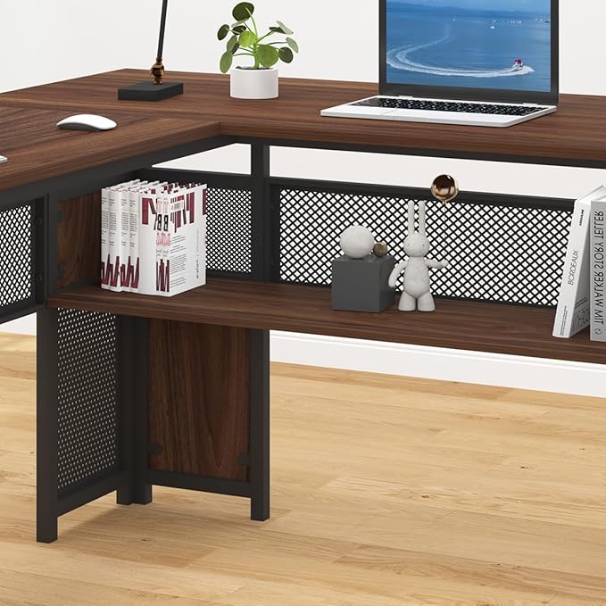 HSH Large L Shaped Executive Desk with Drawers, Home Office Metal Wood Computer Desk for Work Writing Study Gaming, Rustic L-Shaped Walnut Desk Table with File Drawer, Storage Cabinet Shelves, 59 in