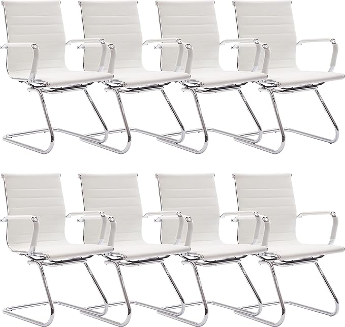 Wahson Office Guest Chairs Set of 8, Leather Reception Chairs, Mid Back Waiting Room Chair, Conference Chairs with Sled Base, Desk Chair No Wheels for Meeting/Lobby/Restroom, White