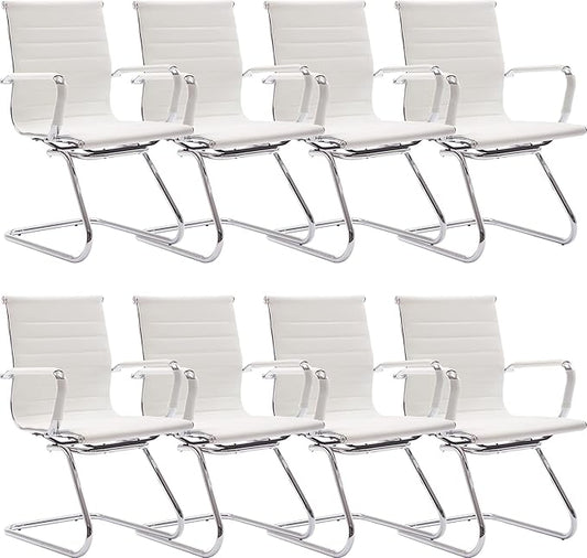 Wahson Office Guest Chairs Set of 8, Leather Reception Chairs, Mid Back Waiting Room Chair, Conference Chairs with Sled Base, Desk Chair No Wheels for Meeting/Lobby/Restroom, White