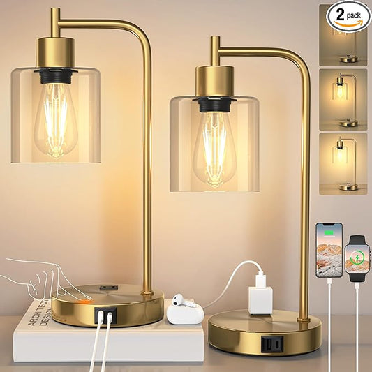 QiMH Set of 2 Industrial Touch Control Table Lamps with 2 USB Ports and 2 AC Outlets, 3-Way Dimmable Bedside Nightstand Reading Lamps with 2700K LED Bulbs, Glass Desk Lamp for Living Room,Bedroom