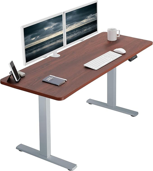 VIVO Electric 60 x 24 in Standing Desk, Memory Height Adjustment, 1B Series, One-Piece Dark Walnut Top, Gray Frame, DESK-KIT-1G6D