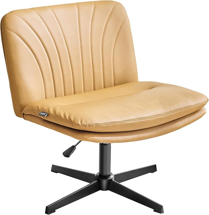 Redlife Leather Swivel Desk Chair Cross Legged Office Chair Wide Accent Chairs Height Adjustable Criss Cross Chairs, Wrapped Double Cushion, for Living Room Bedroom Reading Room (Brown)