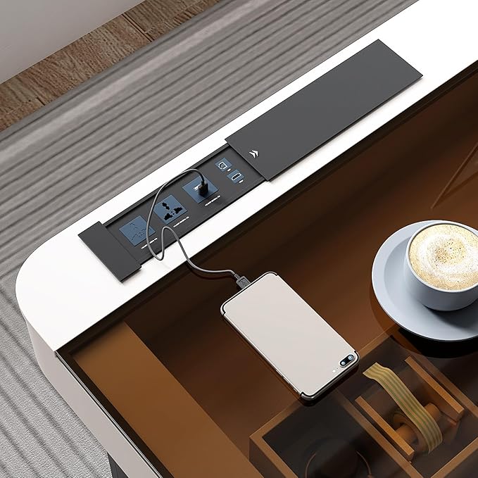 Lartis Office Desk, Very Easy to Assemble, Computer Desk, Home Telescopic Writing Desk, Modern Computer Desk with Retractable Cabinet Built-in LED Lights (Ivory, 50 in)