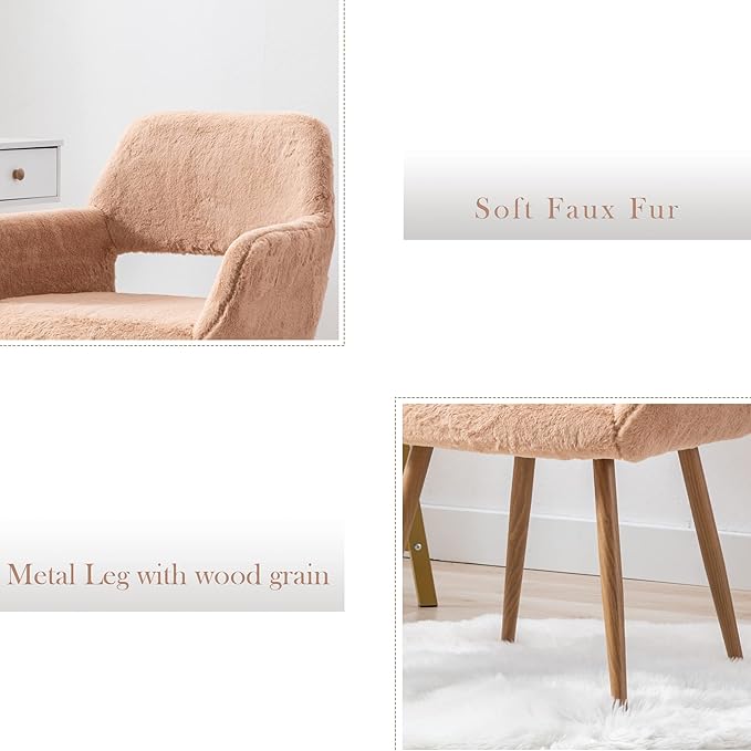 KCC Furry Desk Chair Set of 2, Mid-Century Modern Accent Faux Fur Chair for Teen Girls, Comfy Armchair with Wood Look Metal Legs for Living Room, Home Vanity Makeup Office Desk Chairs No Wheel,Camel