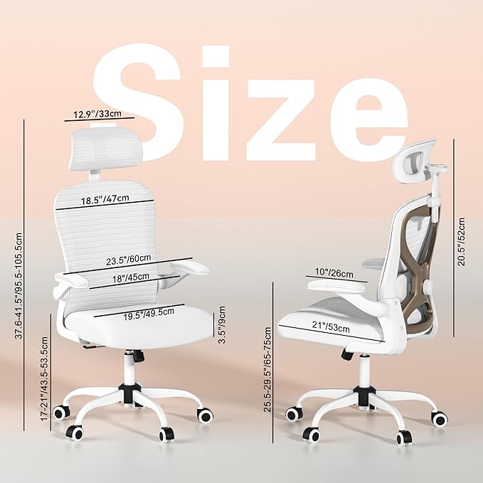 Office Chair for Back & Neck Pain Relief, Virgin Foam Seat, 2D Adjustable Lumbar & 3D Headrest, Flip-Up Armrests, Tilt & Rock for Relaxation, White/Gold