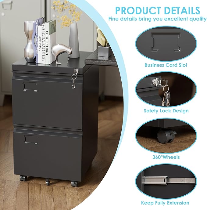 Aobabo 2 Drawer File Cabinet with Wheels, Lockable Metal Filing Cabinet with Business Card Slot for Legal/Letter Size Home Office, Required Assembled,Black