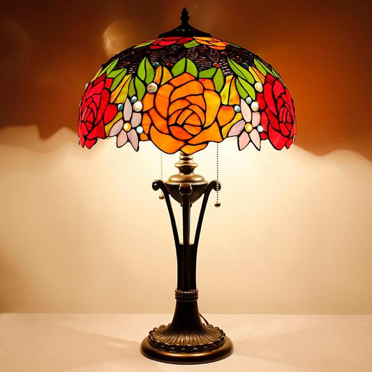 Tiffany Table Lamp Red Yellow Rose Stained Glass Desk Lamp 16X16X24 Inches Reading Light