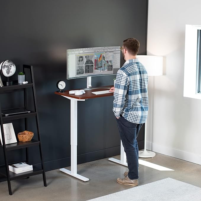 VIVO Electric 43 x 24 in Standing Desk, Memory Height Adjustment, 1B Series, One-Piece Dark Walnut Top, White Frame, DESK-KIT-1W4D