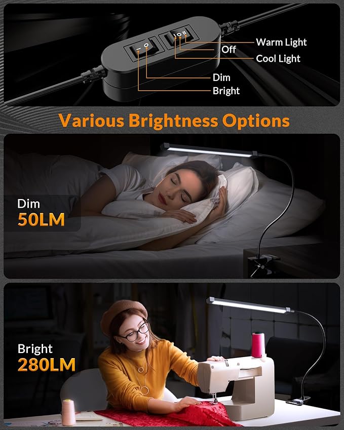 LEPOWER Led Clip on Light, 5W Reading Lights for Books in Bed with Gooseneck, Adjustable Color Temperature Clip Lamp, Ideal for Bedtime Reading and Piano Light, Metal, Black
