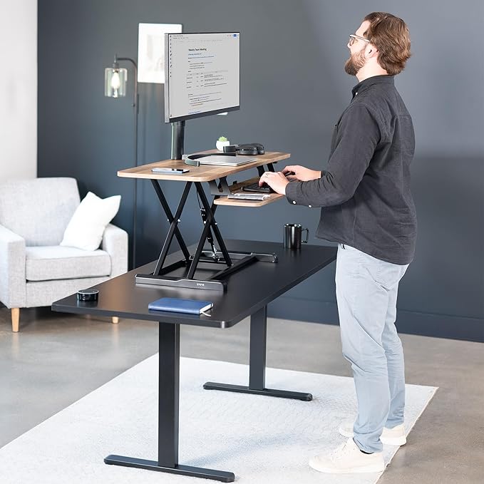 VIVO 48 inch Desk Converter, K Series, Height Adjustable Sit to Stand Riser, Dual Monitor and Laptop Workstation with Wide Keyboard Tray, Reclaimed Wood Top, Black Frame, DESK-V048KP
