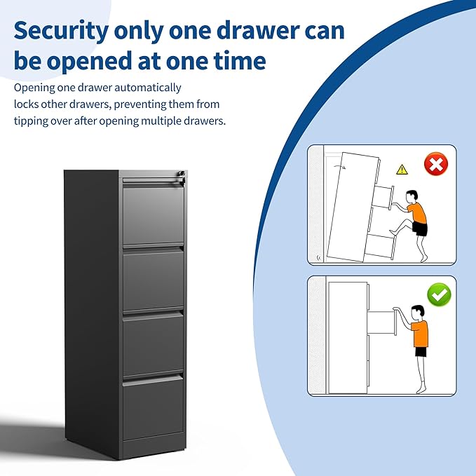4-Drawer Locking Vertical File Cabinet, Metal Storage Cabinet for Office/Home – Secure Vertical Filing for Letter/Legal/A4/F4 Documents, Easy to Assemble Steel Cabinet (Black, 4 Drawer-52 H)