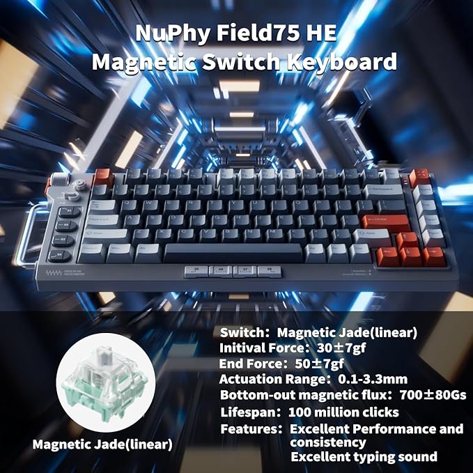 nuphy Field75 HE Magnetic Switch Gaming Keyboard,83 Keys Wired Keyboard,One Knob Volume Control, Hall Effect Sensors,Adjustable Actuation,8000 Hz Polling Rate,Rapid Trigger-Magnetic Jade Switch
