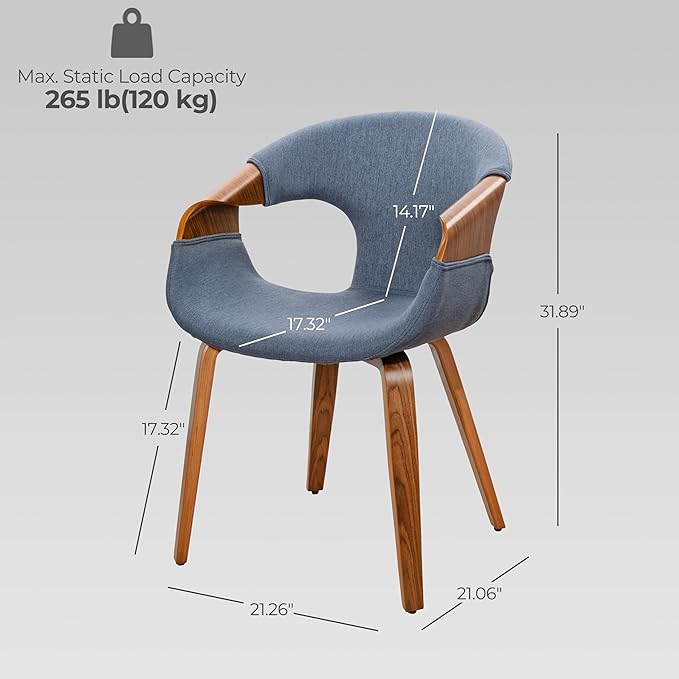 Art Leon Mid Century Desk Chair - Modern Desk Chair No Wheels, Fabric Upholstered Wooden Office with Wood Legs for Living Room Bedroom, Black Oak Bentwood, Blue