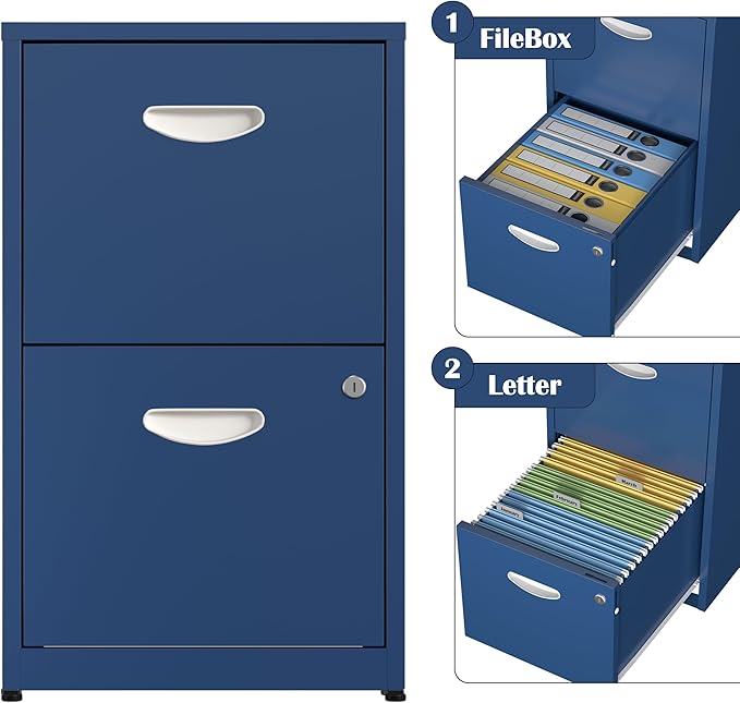 2 Drawer File Cabinet with Lock,Blue Metal Office Drawers Filing Cabinets for Home Office, Two Drawer Under Desk File Cabinet for Hanging Letter,Easy Assemble