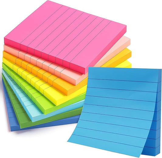 Lined Sticky Notes 3x3 Pack of 8, Bright Colored Super Self Sticky Pads - 60 Sheets/Pad - Easy to Post for School, Office Supplies, Desk Accessories