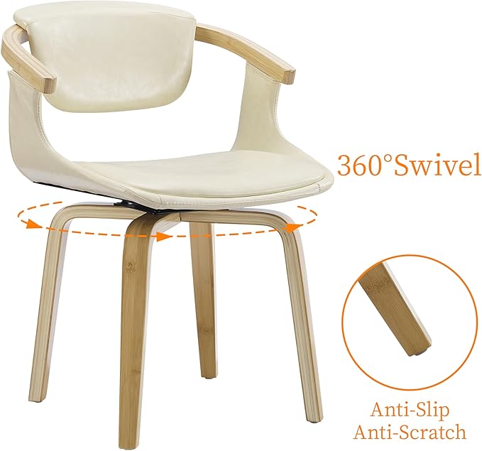 Art Leon Desk Chair No Wheels, Mid Century Modern Swivel Accent Chair, Faux Leather Home Office Desk Chair for Small Spaces Living Room Bedroom, Off White