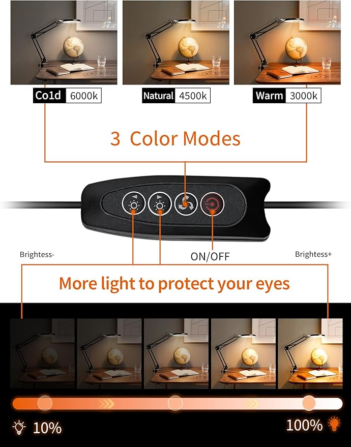 10X Magnifying Glass with Light and Clamp, Real Glass Lens Magnifier Lamp with 3 Color Modes & 270° LED Light, Dimmable Hands-Free Desk Clamp Lamp for Crafts, Reading, Painting, Repairing