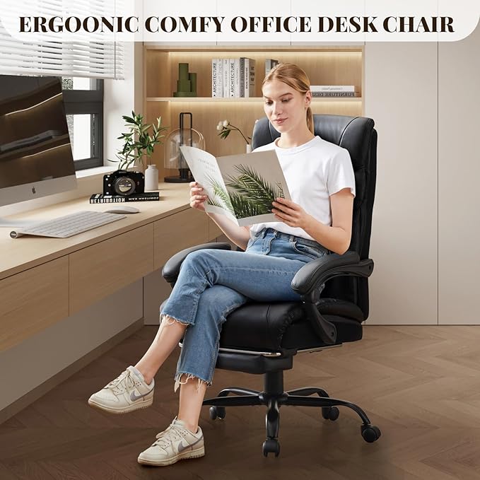 Leather Home Office Chair with Foot Rest,500lbs Big and Tall Ergonomic Desk Chair,360°Swivel Free,90°-155°Recline,43"- 47" Height Adjustable,Silent 360° Casters for Home Office Computer Desk