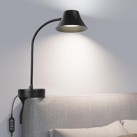 TONYFUL Bed Reading Light, Eye Care Headboard Lamp, No Drilling Headboard Light, 5 Color Temperatures & 10 Brightness Bed Lamp, Flexible Gooseneck, Top Ambient Lighting Bedside Lamp(Black)