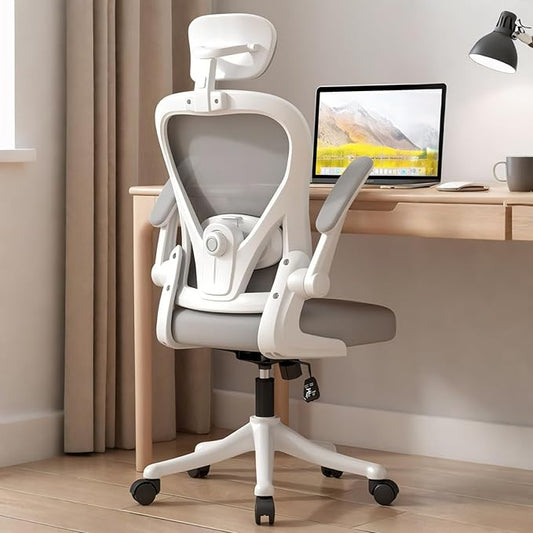 Comeon Office Chair, Branch Ergonomic Chair with Flip-up Armrests and Lumbar Support, Black Mesh Desk Chairs with 3D Armrests and Headrest Computer Chairs Comfy in Office Home (White Gray)